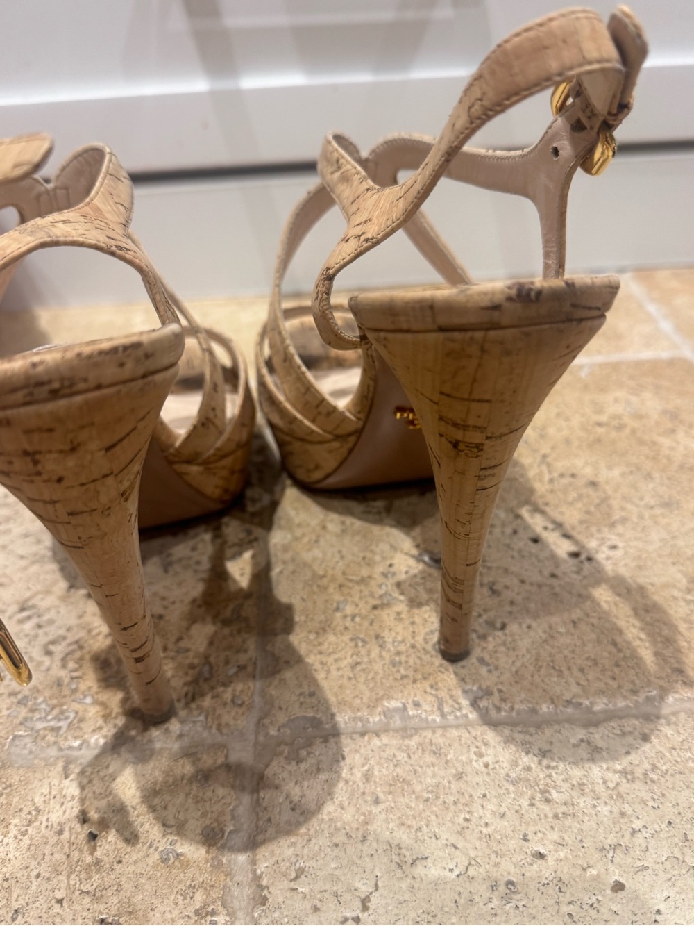 Prada Natural Cork Strappy High Heel Sandals